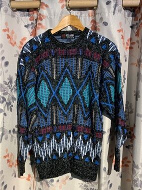 Vintage Men’s Black & Blue Geometric Knit Scandia Sweater Size Medium